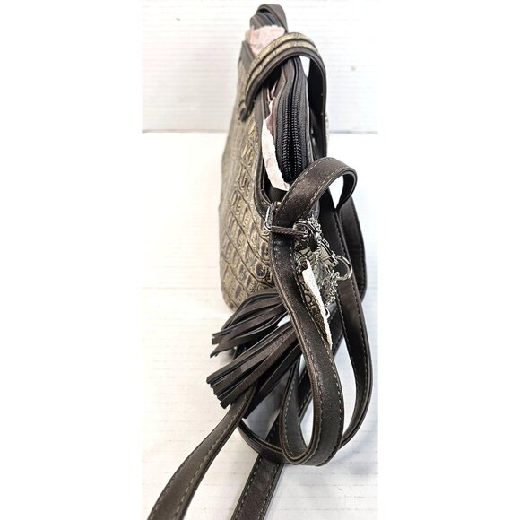 Vtg M.C. Metallic Croc Embossed Faux Leather Crossbody Bag Ornate Silver Tassel - Picture 4 of 15